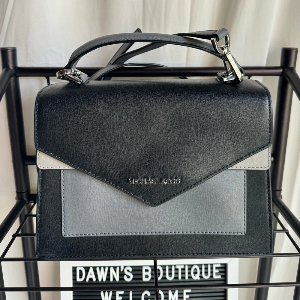 Black/Grey Michael Kors Leather Satchel. L 9 1/2” W 3 1/4” H 7” - Picture 2 of 7